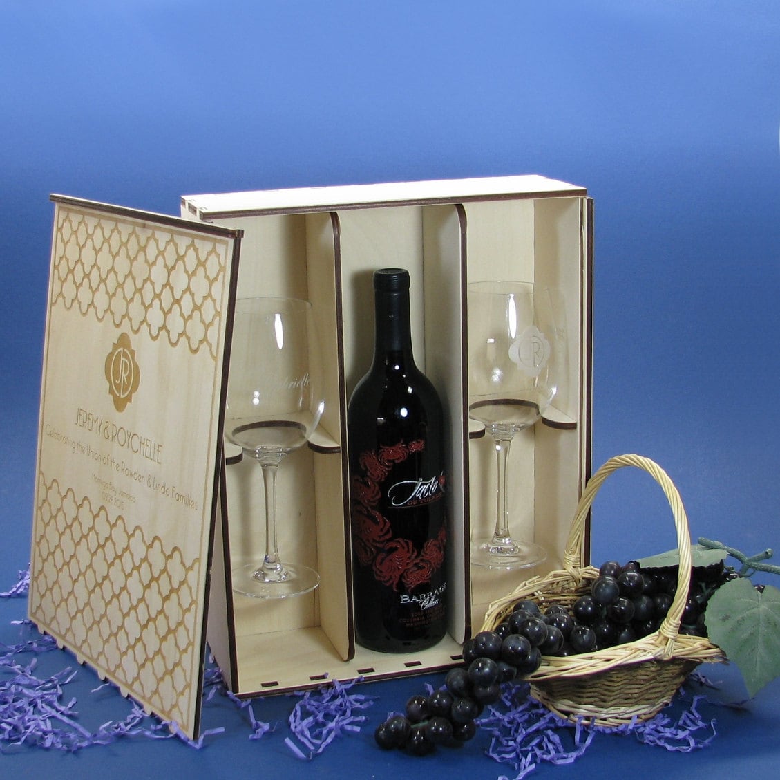 Download Wood Wine Box Set with 2 Custom Etched Wine Glasses