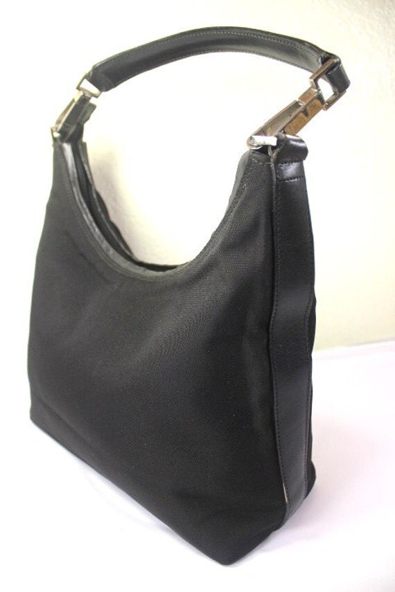 Vintage GUCCI Black Nylon & Leather Hobo Shoulder Bag Italy