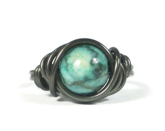 Green Jasper ring - Wire Wrapped Jewelry - Gunmetal Rings