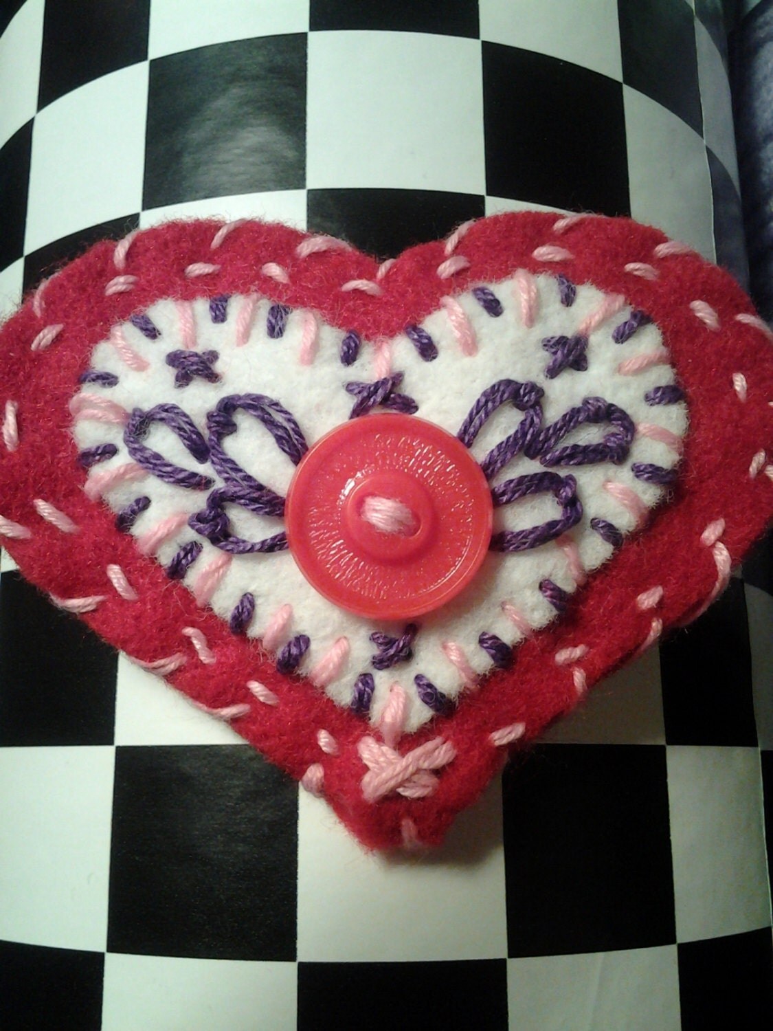 Heart Shaped Embroidered Felt Lapel Pin Handmade Very Cute