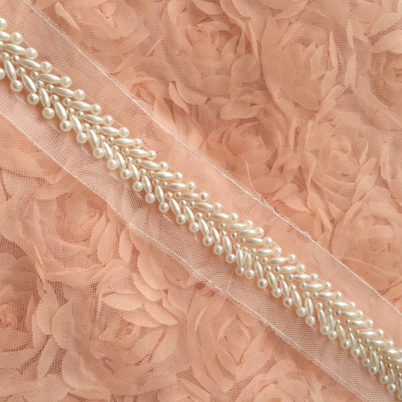 Ivory Beaded Lace Trim Pearl Beaded Trim 1 Yard For Costume