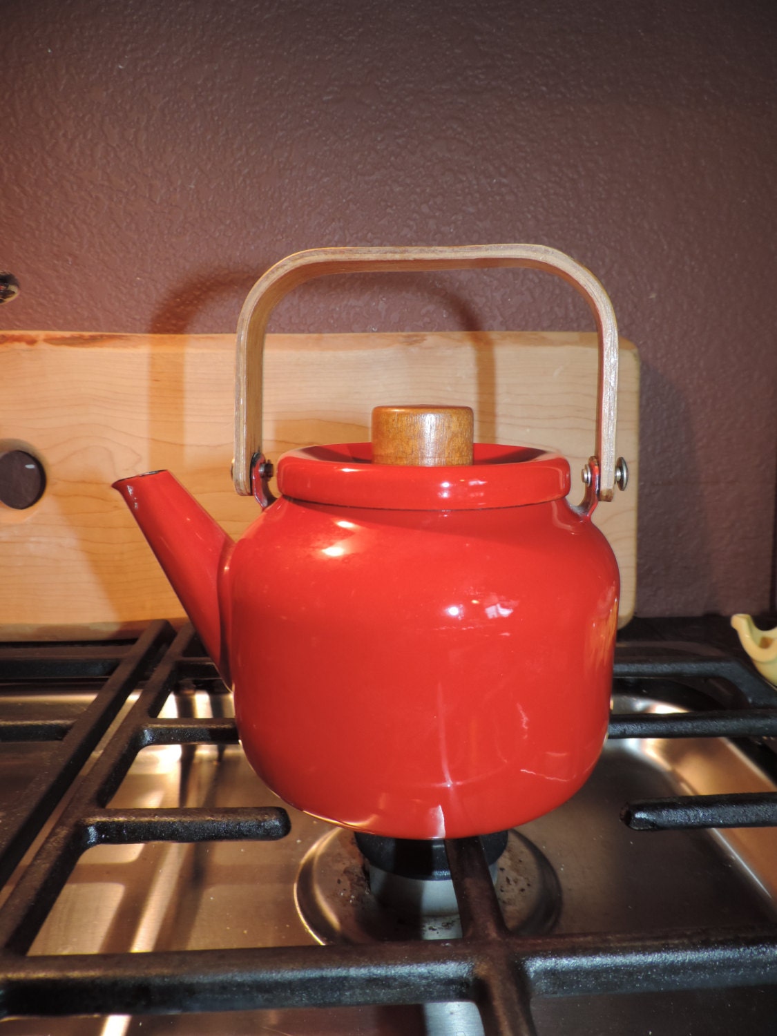 Red Tea Kettle Copco Style Small Red Kettle Wood by bluejeanjulie