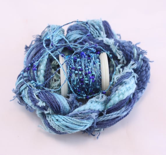 Navy Aqua Ocean Beaded Embroidery thread with seed beads sequins hand dyed ribbon weaving supply quilting embellishment bead yarn by NellsEmbroidery