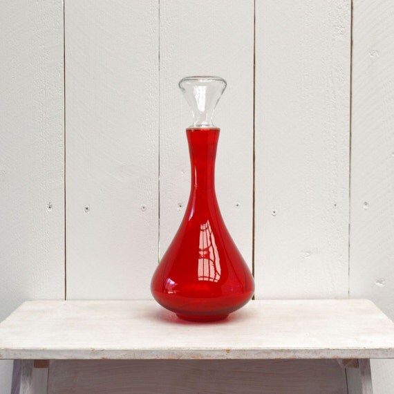 Red Glass Decanter Vintage 1960s Mod Hippie by StoryTellersVintage