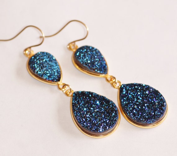 Genuine Sapphire Navy Blue Druzy Gemstone EarringsDruzy