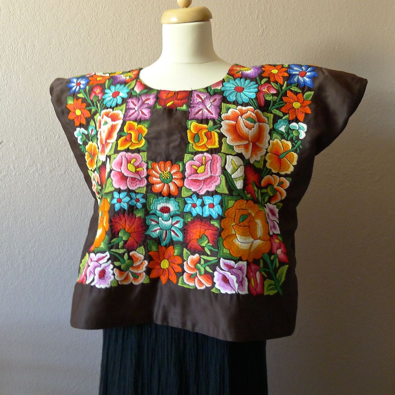 Mexican Embroidered Tehuana Huipil Blouse Brown Satin Floral