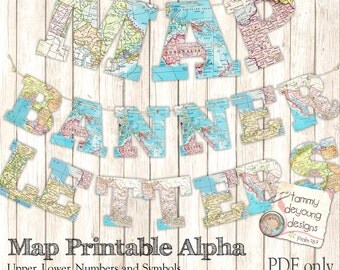 Map Banner Garland Printable, World Map Alphabet, Letters for travel decor, custom party bunting, graduation banner, weddings, map theme