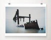 ocean photograph, industrial, ocean, water, blue, sea defenses, norfolk, beach decor, peaceful, abstract, brown, masculine