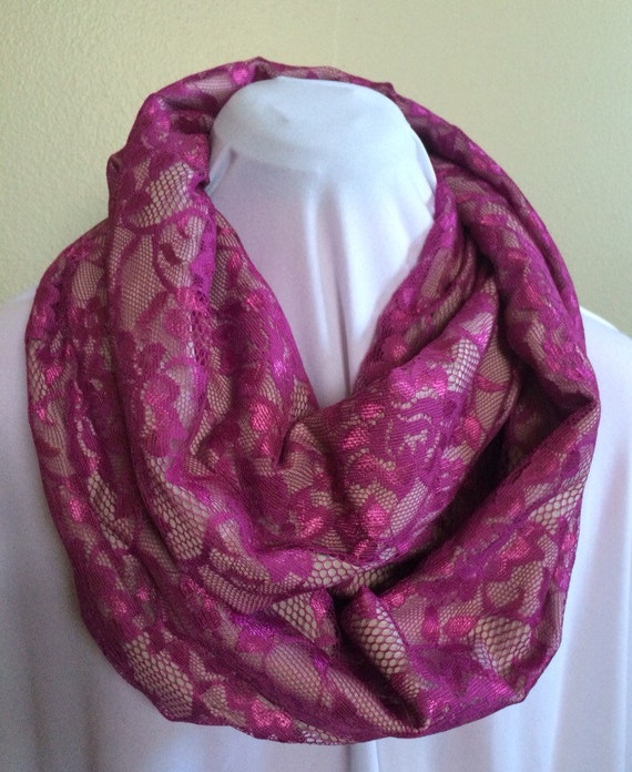 Magenta Lace over Cream Extra Long Infinity Scarf