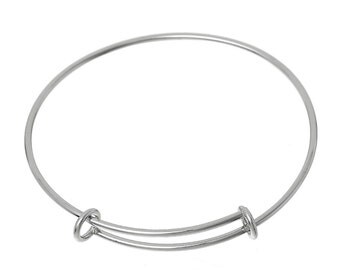 5 SILVER PLATED Bangle Charm Bracelet, adjustable size expandable to fit wrist, fits medium to large wrist, thick 14 gauge, 7-7/8", FIN0439