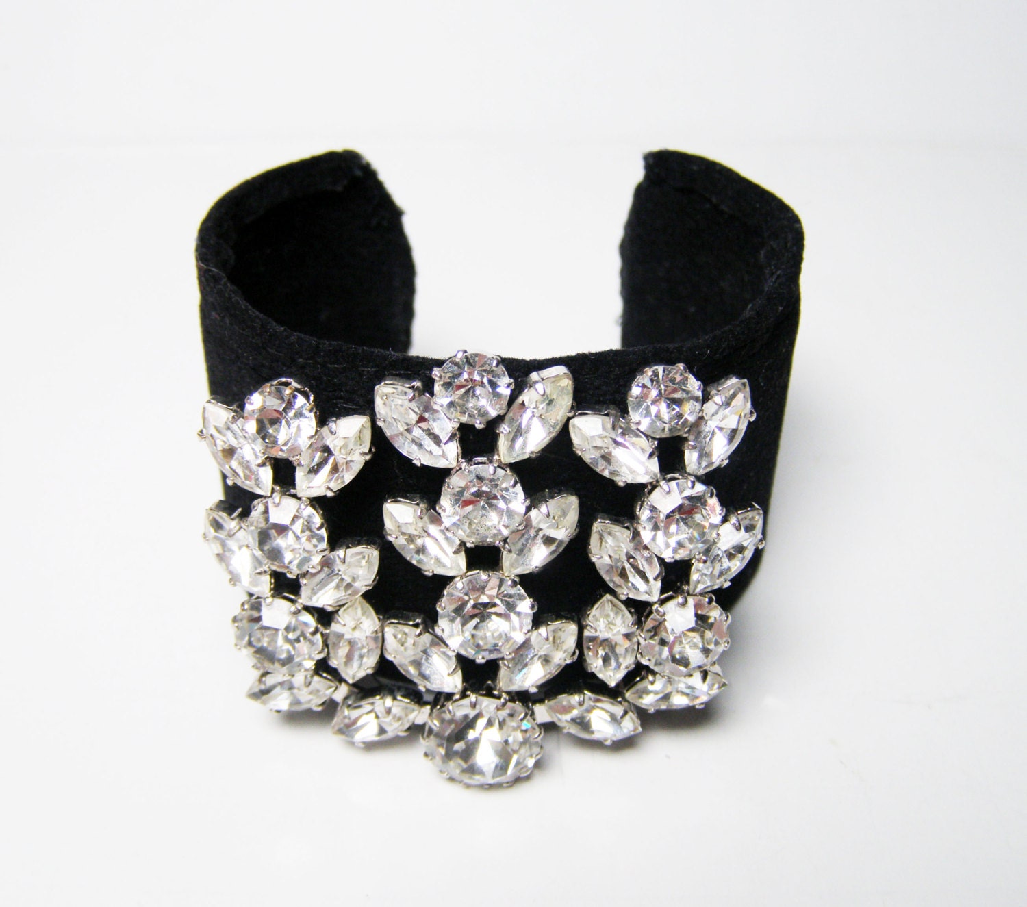 Cuff Bracelet Swarovski Crystal and Black Faux by LorettasCache
