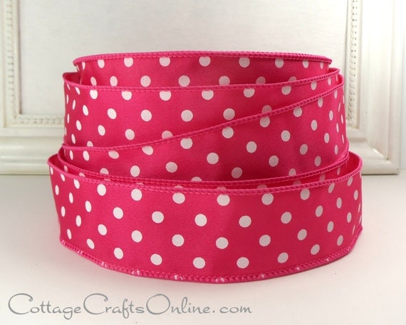 Wired Ribbon 1 1/2 Bright PInk with White Polka Dots