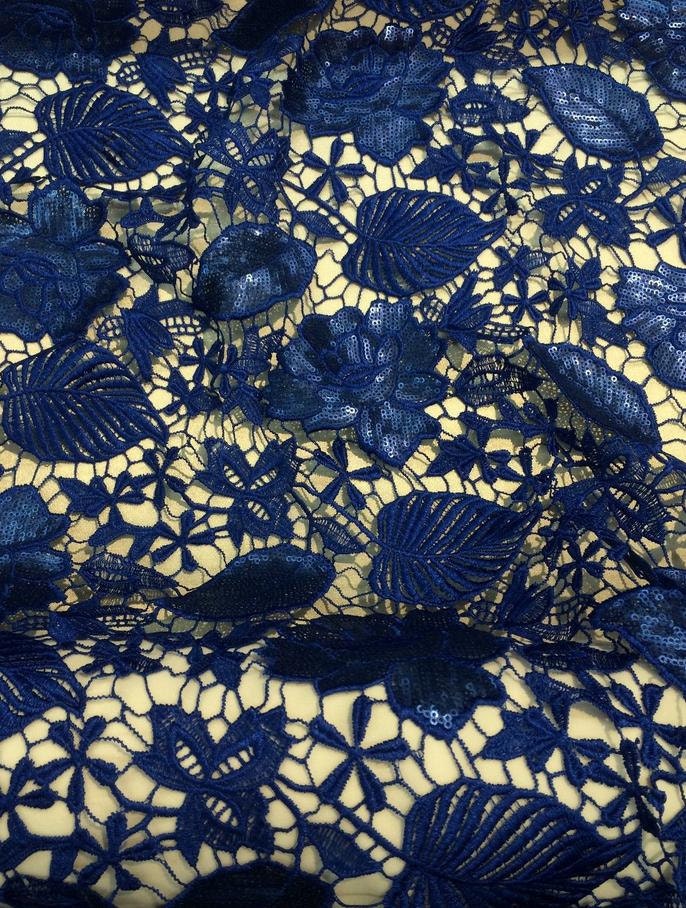 Blue Floral Leaf Sequins Lace 2-Way Stretch 50 by fabulessfabrics