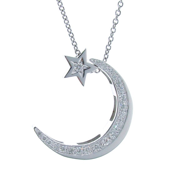 Diamond and white gold crescent moon necklace with diamond