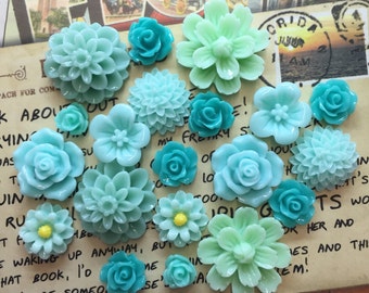 20pcs - Resin Flower Cabochons - Teal