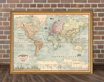 Vintage world map Antique world map print Old map of the