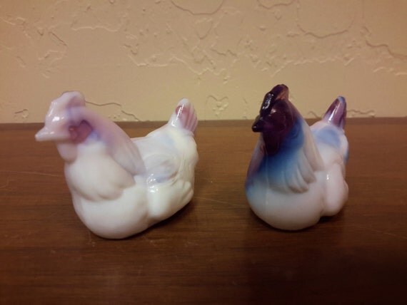 RARE FENTON PURPLE Slag Marble Glass Miniature Chickens Set of