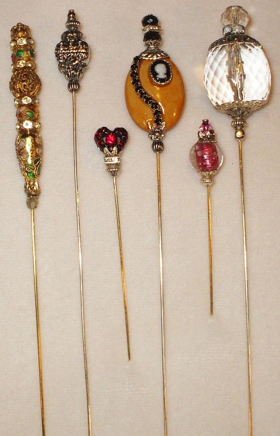 6 Antique style Victorian Hat Pins with vintage and antique
