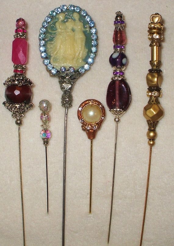 6 Antique style Victorian Hat Pins with by 