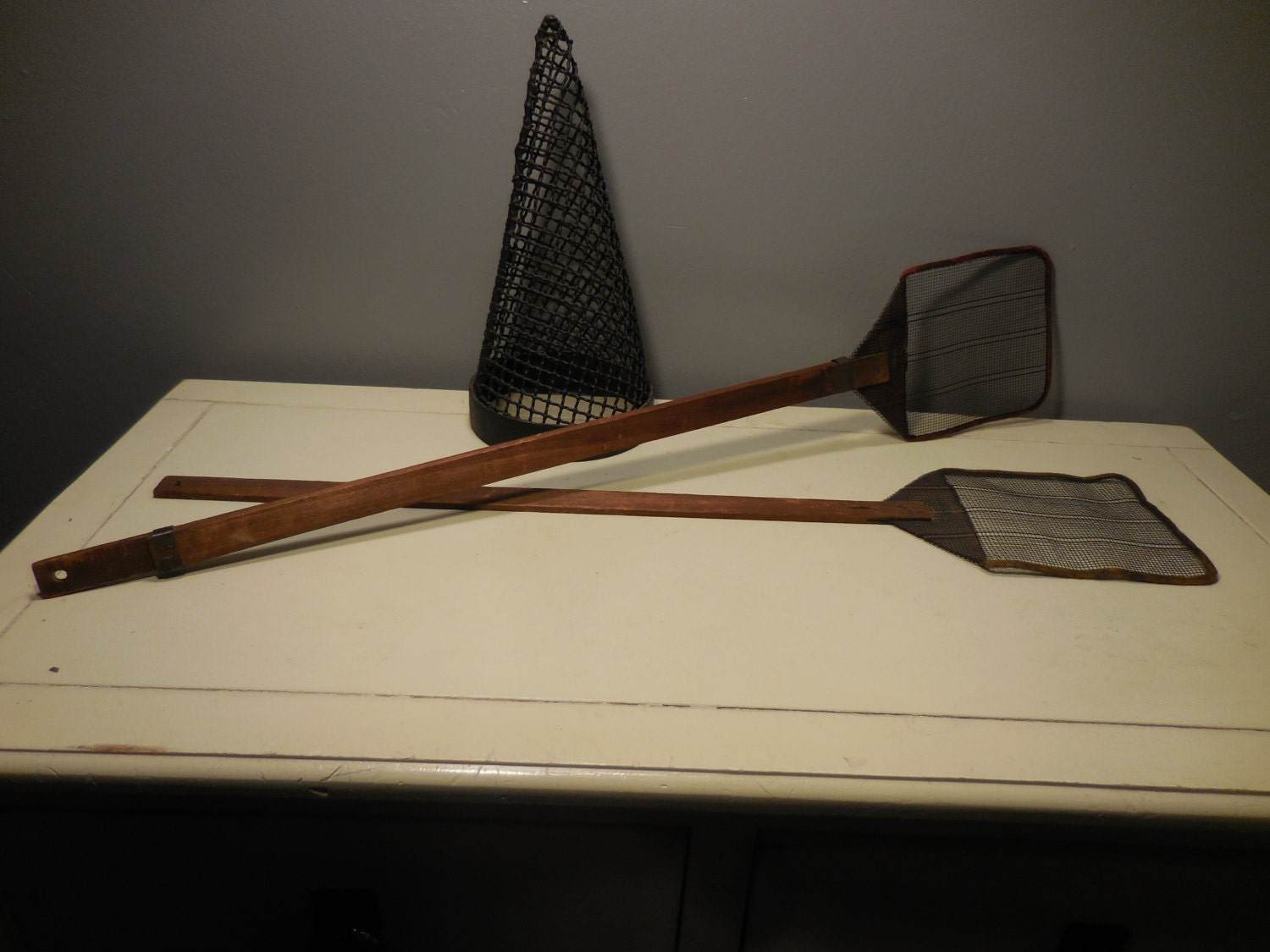 Vintage Antique Wood and Wire Mesh Fly Swatters