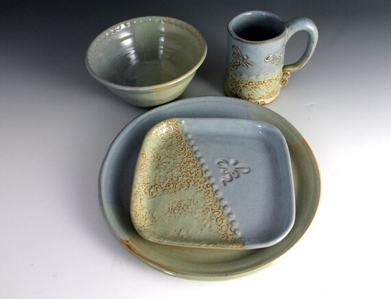 Pottery Dinnerware Set Dragonfly design Blue by NewDayPottery