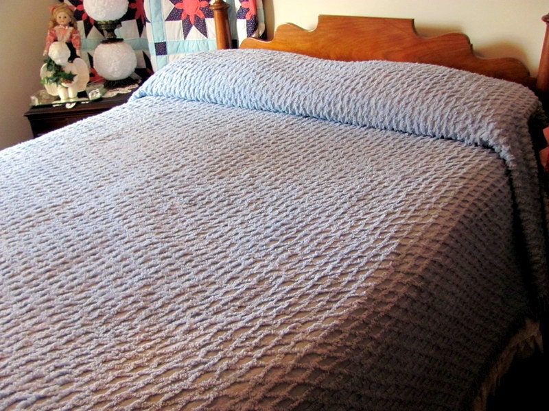 Blue Chenille Bedspread / Waffle Weave Blue by