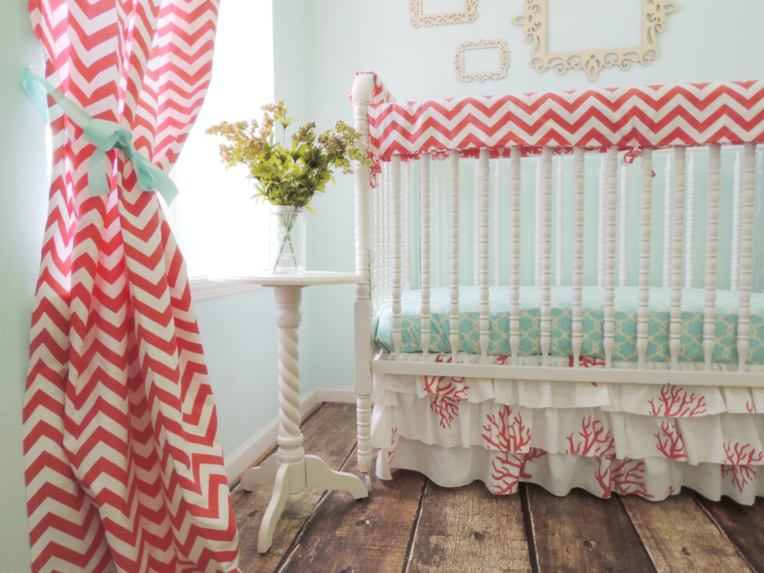 Aqua and coral crib bedding Clearance