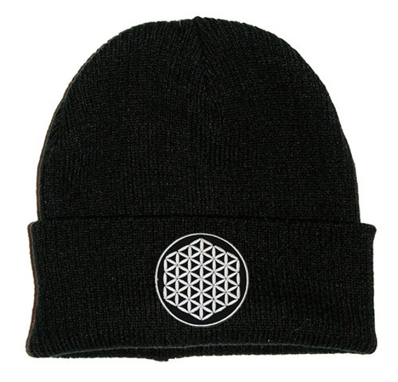 Flower of Life Black Beanie Hat Embroidered Patch 2 Sizes
