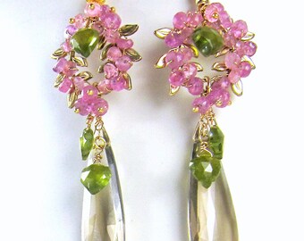 Smoky Quartz and Pink Sapphire Earrings, Spring Earrings,Gemstone Earrings Mystic Pink Quartz, Vesuvianite Carved Leaf Earrings Gold filled