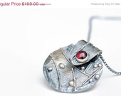 ON SALE Oxidized Silver Necklace with Red Garnet - One of a kind sterling pendant necklace, fine silver jewelry