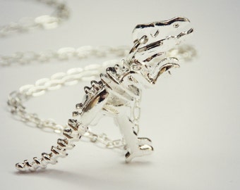 silver dinosaur necklace, T-rex necklace, dinosaur skeleton, skeleton necklace, bone necklace, kitsch necklace, long necklace
