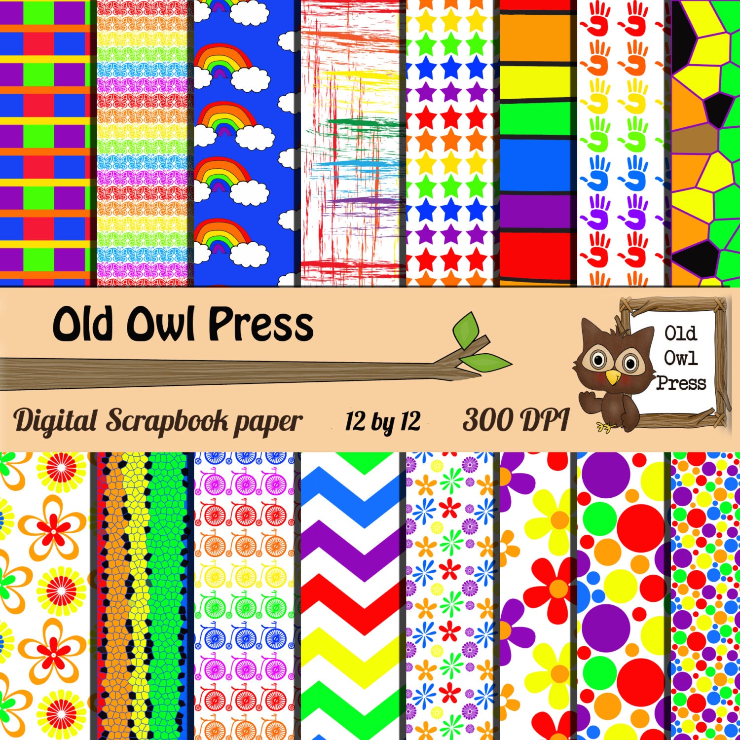 Rainbow paper scrapbook paper 12 by 12 paper by OldOwlPress
