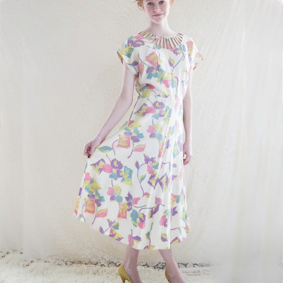 1940s Floral Dress. / Bias Cut, Tea Cup Length Dress. Spring Summer Fashion