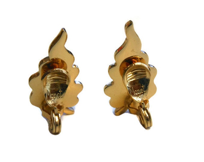 FREE SHIPPING Monet earrings 1940s early 50s leaf earrings brushed gold clip earrings, great detail