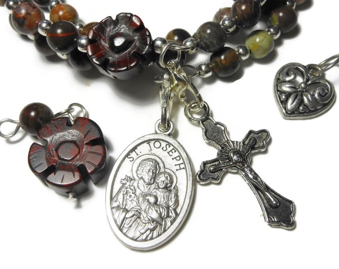 FREE SHIPPING Interchangeable Rosary bracelet "St. Joseph" five decade, Sierra agate beads, brecciated jasper floral padres, silver plated