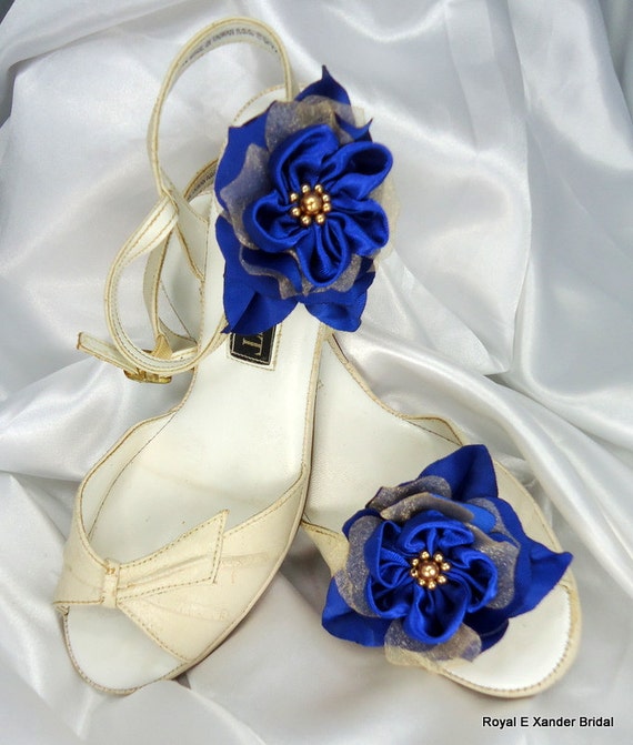 Satin Organza 'Bonnie Wee' shoe clips Royal Blue Gold Set of 2 Flowers