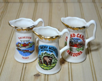 Vintage Mini Souvenir Pitcher Small Miniature Made in USA Great Smoky Mountains Galveston Texas Grand Canyon Arizona Collectible