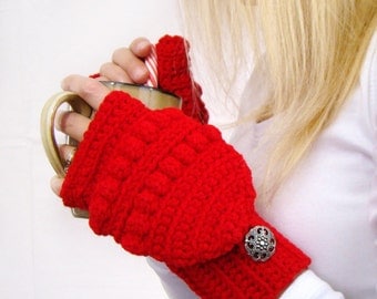 Cherry Red Convertible Fingerless Mittens, Crochet Glittens, Bright Red Texting Mittens, Women Crochet Gloves, Winter Fashion, Red Mittens