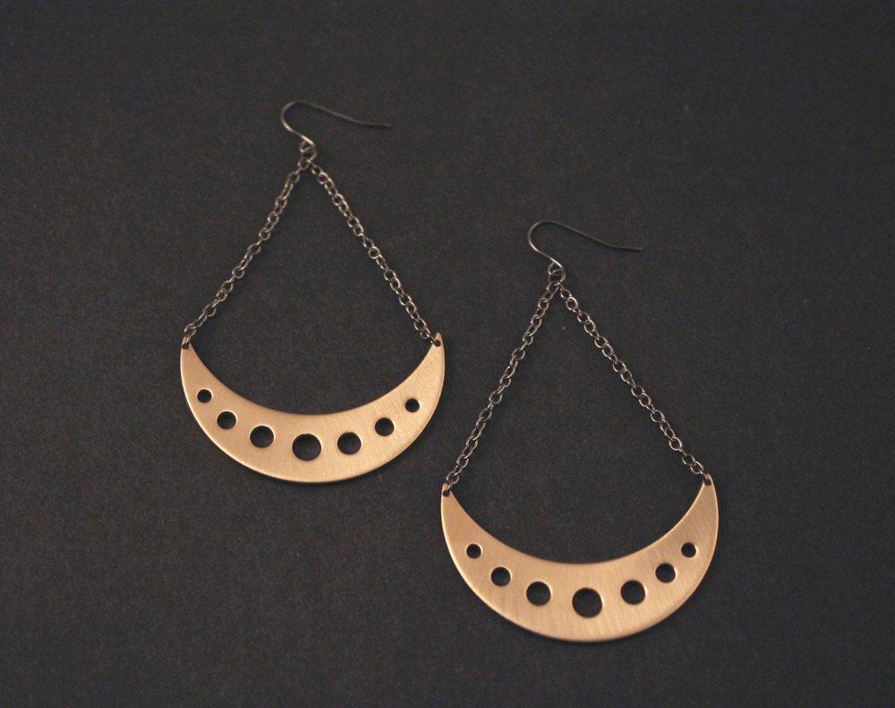 Crescent Moon Earrings Bronze Statement by crowjanejewelry on Etsy