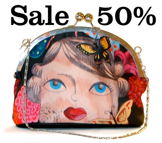 Sale, Clip clutch, clutch bag, kiss lock, thoughts, illustrated, butterfly, flower, retro,print,Valentinesday,gift, mothers day, xmas gift,
