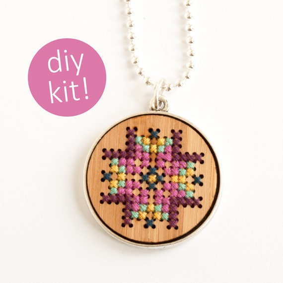 DIY Cross Stitch Jewelry // Embroidered Wood Necklace in