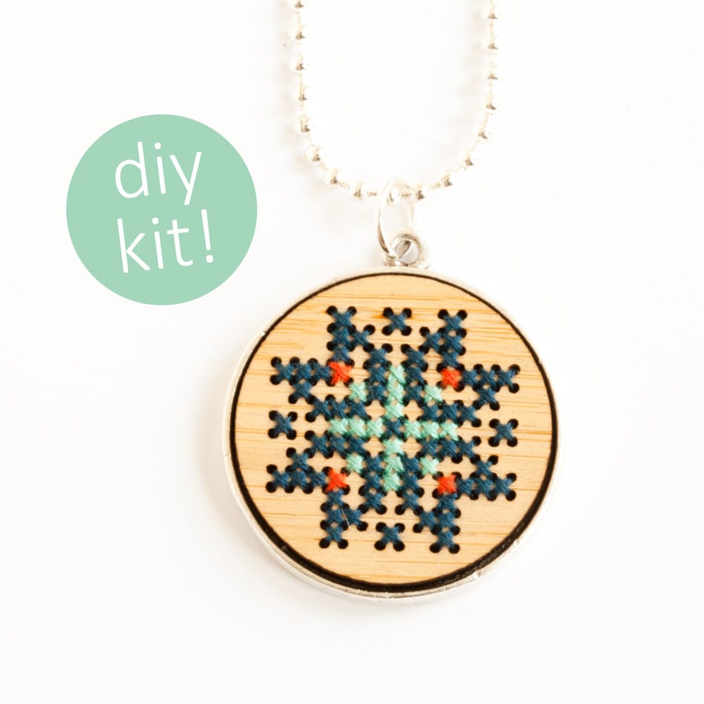 Cross Stitch Jewelry Kit // Hand Stitched Wood Pendant Etsy