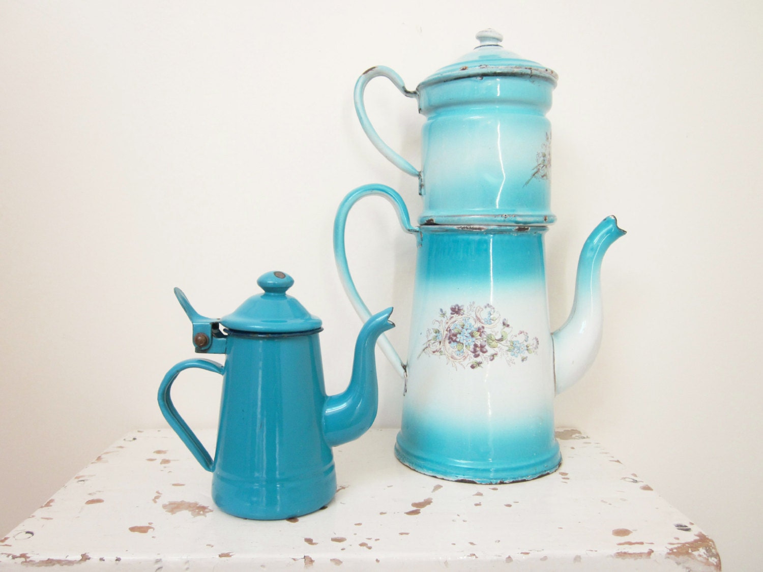 LITTLE Vintage enamel coffee pot Tea set Enamelware Blue