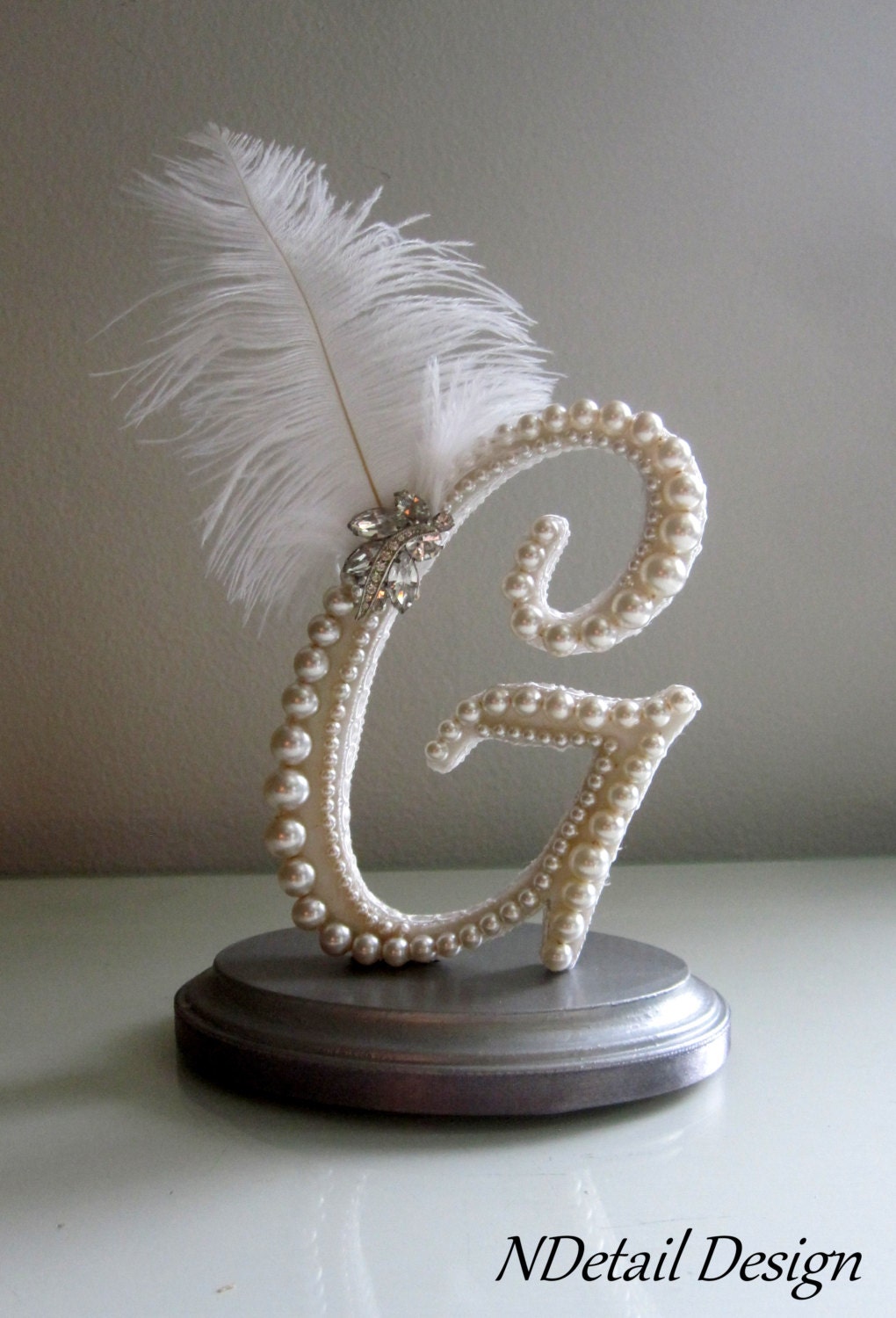 Monogram G Elegant Feather Cake Topper Custom Pearl Letter