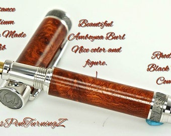 Custom Wooden Pen Fountain Beautiful Highly Figured Amboyna Burl Rhodium and Black Titanium 735FPXLA