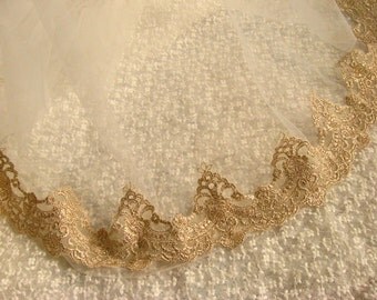 gold lace trim, gold embroidered lace trim, vintage style lace in gold, bridal lace trim, gold scalloped lace trim