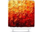 MERMAID SCALES 2 Deep Red Rust Orange Yellow Fine Art Painting Shower Curtain Washable Home Decor Colorful Ombre Ocean Waves Modern Bathroom