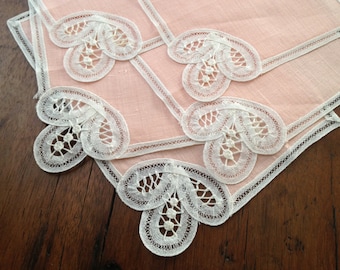 Bruxelles Linen Cocktail Napkins Peach White Lace Set of 5 Finely Detailed