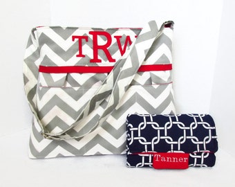 Personalized Gray Chevron Diaper Bag Set with Matching Changing Pad in Red Accent Custom