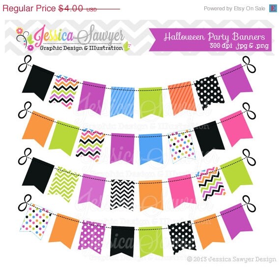 50% OFF- INSTANT DOWNLOAD, halloween bunting banners, party banner, orange, green, purple, clipart banner, commercial use, invitations, scra Il_570xn